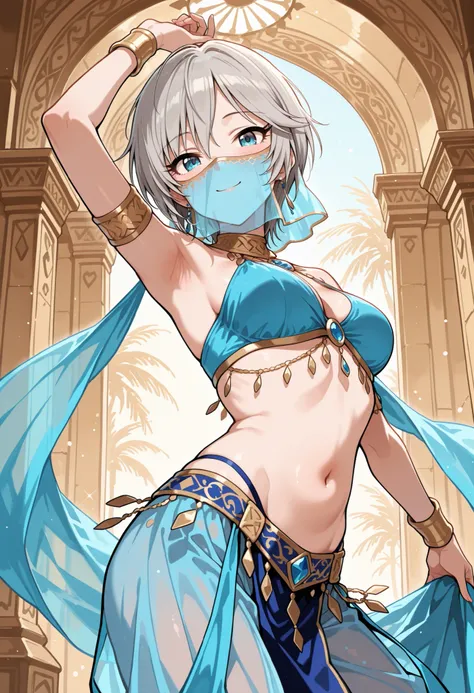 Score_9, score_8_up, score_7_up, source_anime, anastasia/(idolmaster/), solo, short hair, grey hair, blue eyes, (best quality), (high quality), {masterpiece}, extremely delicate and beautiful, ultra-detailed, beautiful detailed eyes, blue arabian clothes, ...