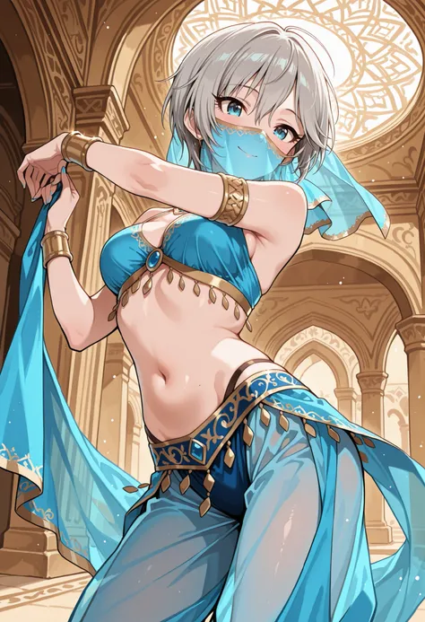 Score_9, score_8_up, score_7_up, source_anime, anastasia/(idolmaster/), solo, short hair, grey hair, blue eyes, (best quality), (high quality), {masterpiece}, extremely delicate and beautiful, ultra-detailed, beautiful detailed eyes, blue arabian clothes, ...