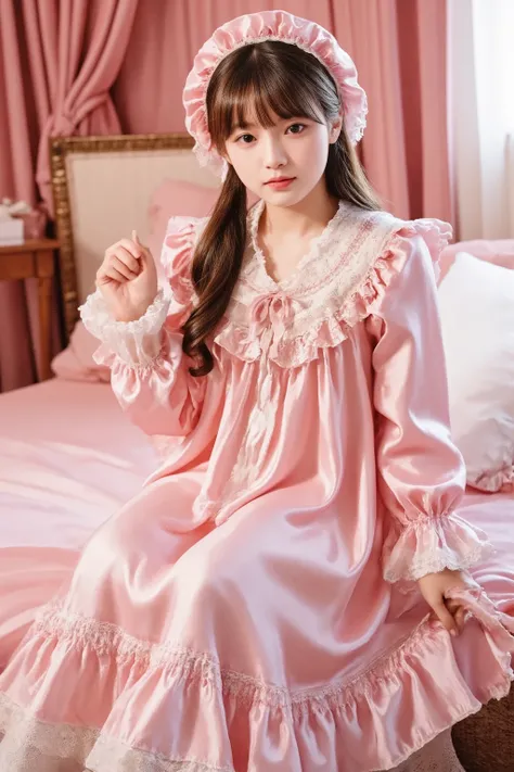 high quality,Super Detailed,3k photos,get used to it,girl in pink nightgown,long sleeve,long skirt,pink ruffle round hat,full body, (( 10 year old Japanese girl,Short Height,solo)),super fine young face,,lovely smile,baby-like face,is short,,(((straight lo...
