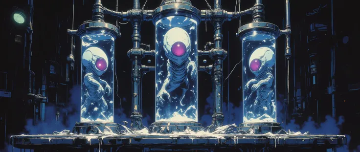 A masterpiece, dark 90s anime style, cel-shaded, tri-tone, sharp lines, no gradients. A small alien embryo inside a small glass cylinder, about 30 cm in size, sits on a smooth study table. The cylinder is filled with a cloudy, transparent liquid, floating ...
