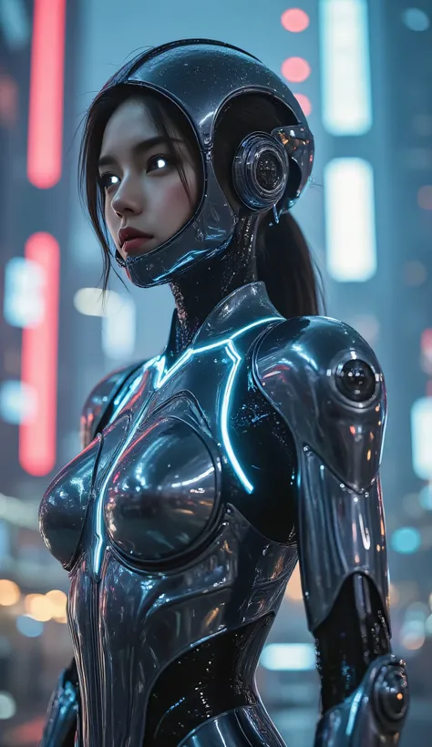 Cinematic masterpiece, full body shot of a sleek futuristic mecha girl, ultra-detailed and hyper-realistic, designed with smooth chrome armor, glowing neon accents, and aerodynamic lines. Her body is feminine yet robotic, blending elegance with advanced te...