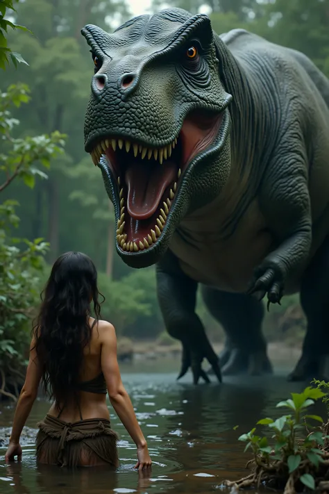 (Ultra-realistic, photo-realistic, masterpiece) A gigantic ferocious Tyrannosaurus rex roars at a lovely young cavewoman covered only in a couple of animal skins, after discovering her at a water hole. The cavewoman freezes, too terrified to run. Cinematog...