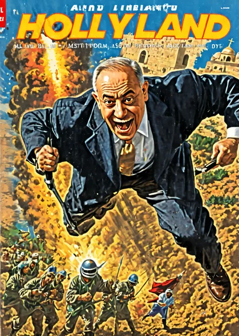 Vintage comic book cover illustration of old and fat Netanyhu exiting and laughing manically over the holy land exploding, The name ('Holy Land':1.75), vintage dirt, dirt of aging, vintage color:1.2, vivid red,