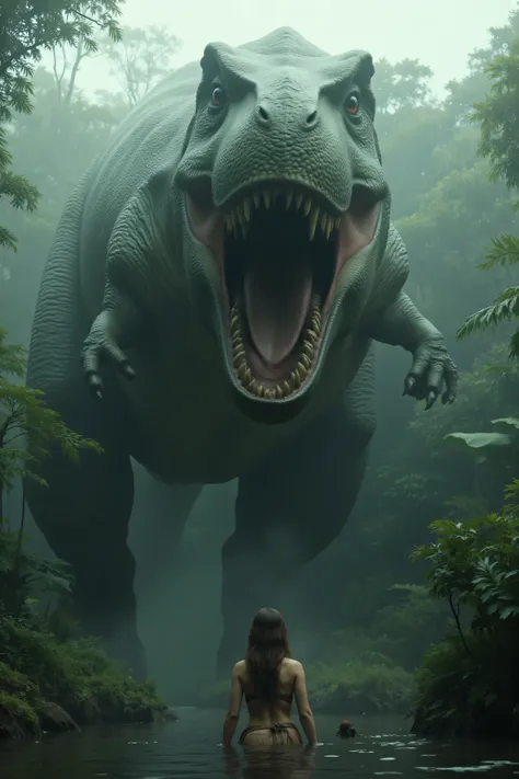 Ultra-realistic, photo-realistic, ultra-detailed, physically-based rendering, in a misty primordial forest, a towering Tyrannosaurus rex dominates the scene, its massive mouth open wide, revealing sharp, menacing teeth. The dinosaur's textured skin is a d...