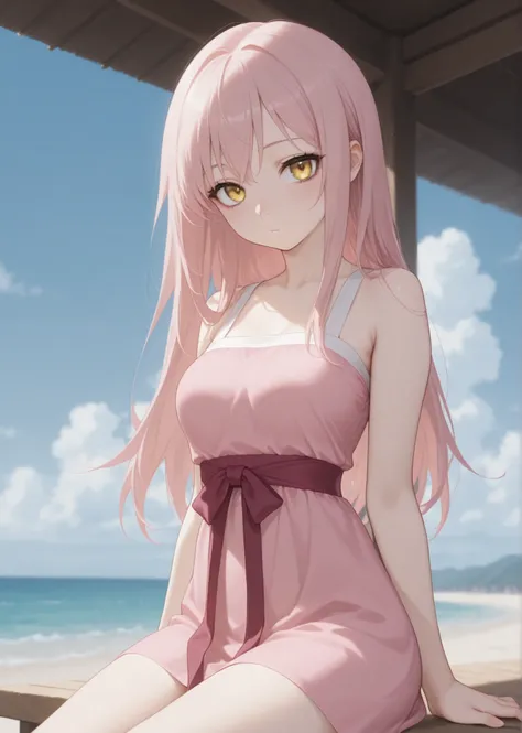 Masterpiece, Newest, Best Resolution, HD Quality, Good Lighting, Safe. Beautiful, Adult, Anime, Good Anatomy, Normal. Pale Pink Hair, Hair Length Below Shoulders. Golden Yellow Eyes. Dark Eyelashes, Fair Skin, Flushed Cheeks, Slim Build, Medium Breasts Siz...