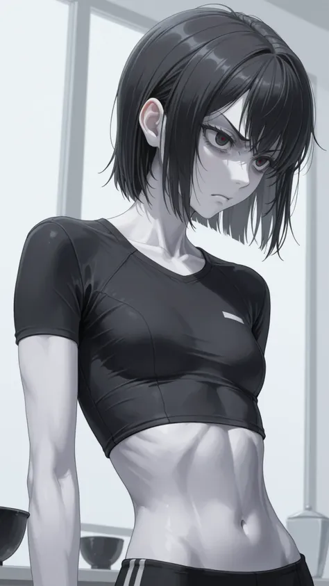 (Masterpiece:1.2), cold colors, ultradetailed face, portrait, fit shirt, skinny, small breasts, detailed shading, athletic body, slightly angry expression, young woman, pale skin, ((black hair)), short hair, bowl hair, straight hair,