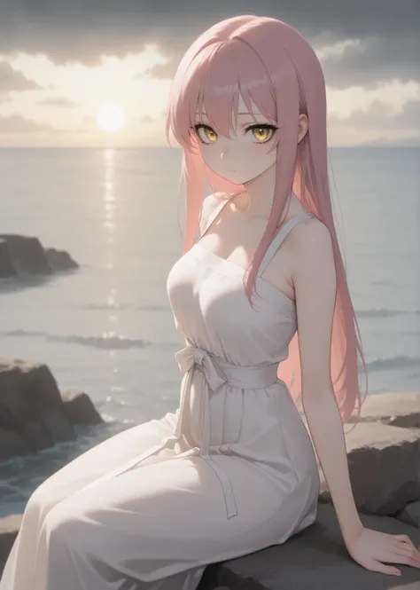 Masterpiece, Newest, Best Resolution, HD Quality, Good Lighting, Safe. Beautiful, Adult, Anime, Good Anatomy, Normal. Pale Pink Hair, Hair Length Below Shoulders. Golden Yellow Eyes. Dark Eyelashes, Fair Skin, Flushed Cheeks, Slim Build, Medium Breasts Siz...