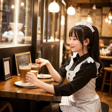 A girl is working as a waitress in a cozy cafe. She's wearing a classic maid outfit. The air feels warm and calm, and it's like you can almost smell the coffee through the picture. long hair, dark hair, dark eyes.