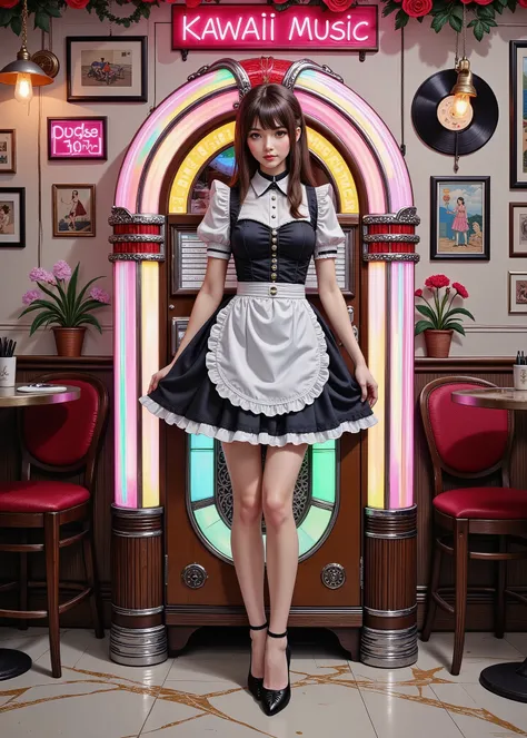 Highest Quality, masterpiece.
coffee shop.
Large, The nostalgic jukebox has been meticulously detailed、Decorated in neon colors.
parallel, white and black maid clothes. black stiletto heels.
super beautiful, face here
Great Figure. She's standing in good ...