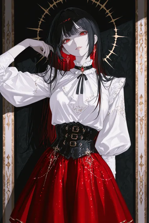 The young woman with red eyes stumbling to death stands in a dark corner, } Transmitted a slightly mysterious Gothic elegance,. Her long black hair flowing down over her shoulders, contrasts sharply with her pale skin. She wore a high neck, A white blouse,...