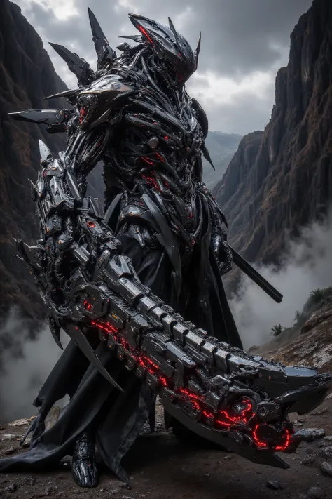 electaln, Ultra-detailed, 8K, cinematic, dramatic lighting, photorealistic, A battle-scarred and heavily rusted cybernetic soldier with heavy, damaged armor. The soldier is standing at the edge of a deep, misty chasm on a distant planet, holding his massiv...