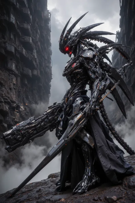 electaln, Ultra-detailed, 8K, cinematic, dramatic lighting, photorealistic, A battle-scarred and heavily rusted cybernetic soldier with heavy, damaged armor. The soldier is standing at the edge of a deep, misty chasm on a distant planet, holding his massiv...