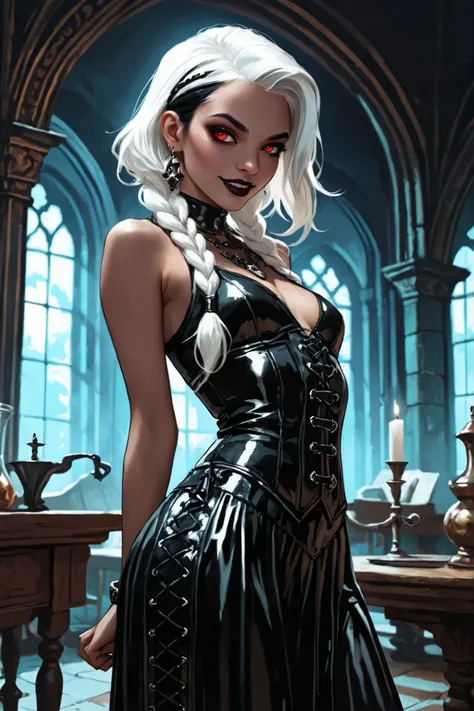 Drawn like the artist Bob Kehl. Goth girl. She has white albino skin. Phaedra from Fortnite with white and dark hair, deep red-coloured eyes, slanted Asian eyes, black eyeliner, black lipstick, with sharp teeth, athletic body and abs. Small breasts. Slende...