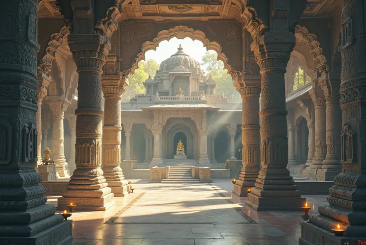 “Ultra-realistic cinematic artwork of an ancient Indian temple interior, shown in full detail with intricately carved stone pillars, divine sculptures, and a central sanctum glowing with sacred energy. The temple atmosphere can shift between different divi...