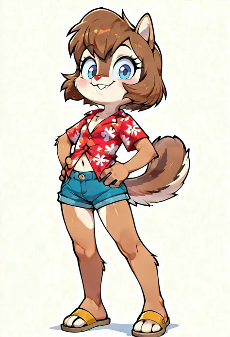 score_9, score_8_up, score_7_up, score_6_up,, hi_res, furry_source, absurdres, masterpiece, best quality, amazing quality, Chip'n Dale Rescue Rangers, 1girl, solo, alone, Femdale, furry, anthro, chipmunk girl, brown fur, blue eyes, chipmunk tail, red nose,...