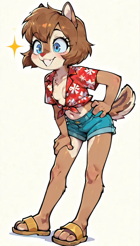 score_9, score_8_up, score_7_up, score_6_up,, hi_res, furry_source, absurdres, masterpiece, best quality, amazing quality, Chip'n Dale Rescue Rangers, 1girl, solo, alone, Femdale, furry, anthro, chipmunk girl, brown fur, blue eyes, chipmunk tail, red nose,...