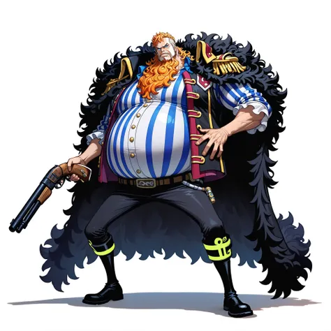 (male), (old man), (short legs), (large arm), (very fat body), (blue eyes), (orange hair), beard, (giant body), (giant character), (serious face), (commanding pose), (holding one shotgun), (solo), (single character), (full body version), (white background)...