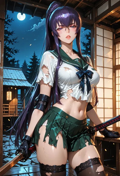 uma garota, busujima saeko, coxas, parted lips glasses, roupas rasgadas, bainhaed, olhos azuis, elbow protectors, bokken, holding espada, uniforme escolar, shezfe, pele brilhante, collarbone, underwear, vermelho, bainha, cabelo comprido, espada, serafuku,...