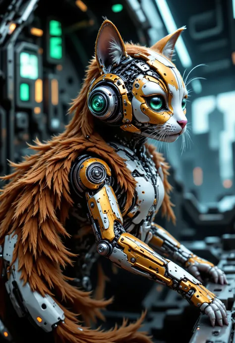Red-haired gorgeous cyborg cat is an advanced animatronic an amazing combination of organic and mechanical. The cat is half a robot. Metal and carbon fiber inserts are visible on the back and paws, which give it a unique liquidity and strength. A large num...