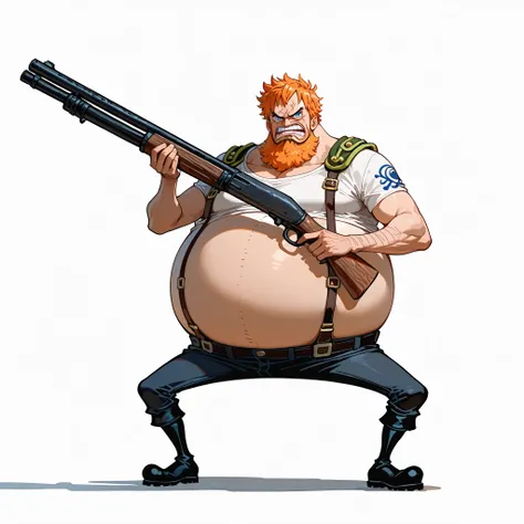 (male), (old man), (short legs), (large arm), (very fat body), (blue eyes), (orange short hair), beard, (giant body), (giant character), (angry face), (serious pose), (holding shotgun in hand), (solo), (single character), (full body version), (white backgr...