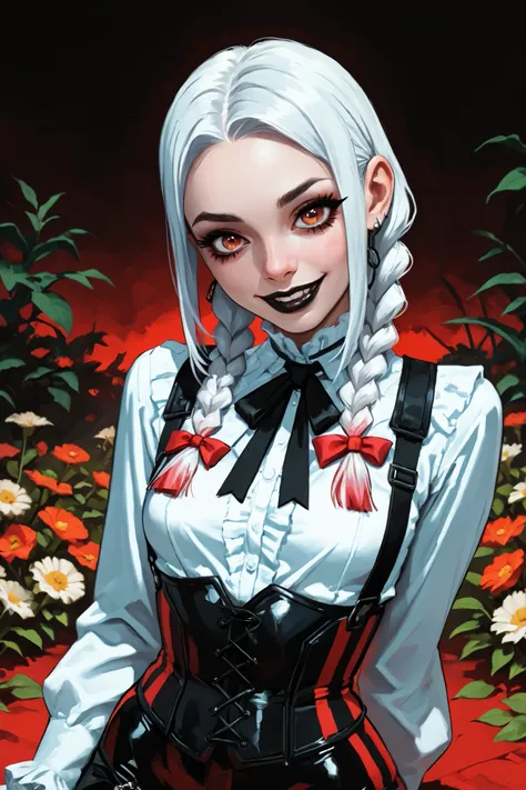 Drawn like the artist Bob Kehl. Goth girl. Phaedra from Fortnite with white and dark hair, deep red-coloured eyes, slanted Asian eyes, black eyeliner, black lipstick, with sharp teeth, athletic body and abs. Small breasts. Slender and athletic. Cute, round...