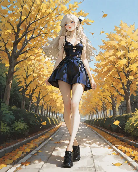 (very beautiful young teenage girl, Idol beauty), full body view, wearing sexy fall outfits, automatic customized hairstyle model, very pretty teenage girl walking down a ginkgo tree-lined street, Autumn atmosphere, Garden with fall leaves, Effects of fall...