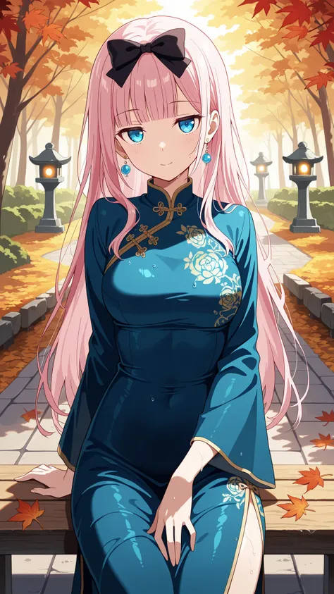 BREAK (masterpiece:1.2),Peaceful Japanese park during autumn after rainfall, vibrant red and golden maple leaves scattered across glistening stone paths, wet wooden benches under glowing foliage, stone lanterns reflecting in puddles, warm light shining thr...