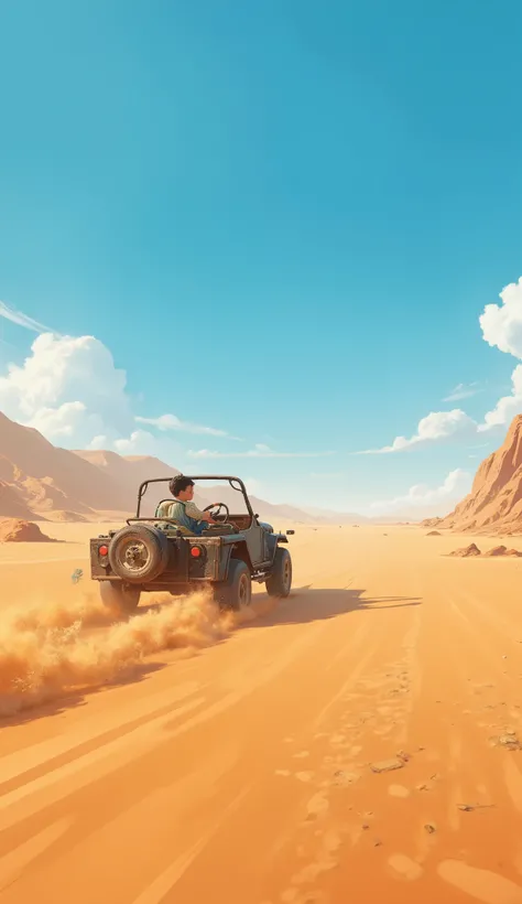 The boy drives the car through the desert. The camera shows cinematic wide shots of the desert, close-ups of the car’s wheels kicking up sand, and detailed 3D textures of the desert environment.