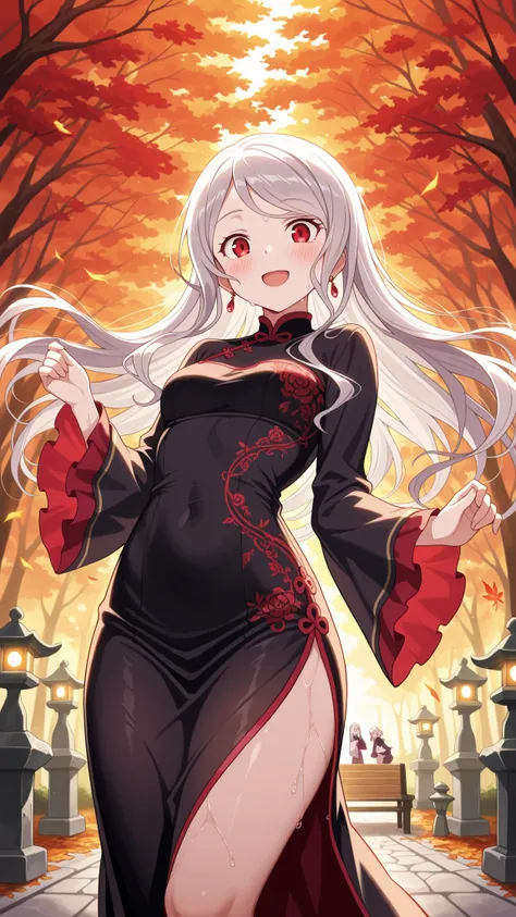 BREAK (masterpiece:1.2),Peaceful Japanese park during autumn after rainfall, vibrant red and golden maple leaves scattered across glistening stone paths, wet wooden benches under glowing foliage, stone lanterns reflecting in puddles, warm light shining thr...