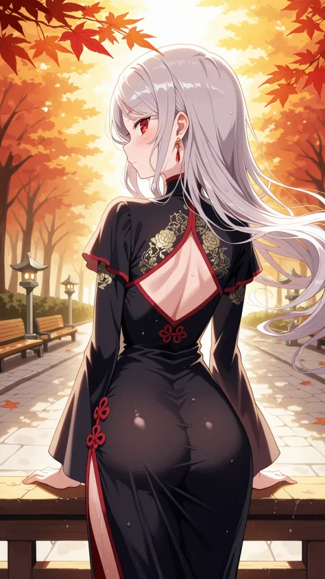 BREAK (masterpiece:1.2),Peaceful Japanese park during autumn after rainfall, vibrant red and golden maple leaves scattered across glistening stone paths, wet wooden benches under glowing foliage, stone lanterns reflecting in puddles, warm light shining thr...