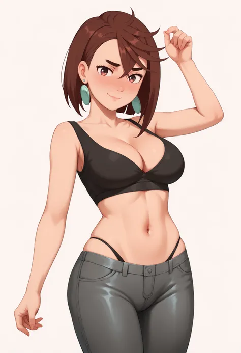 momo ayase, posing embarrassed , red face , short hair, brown hair, brown eyes, bangs, thick eyebrows, large breasts,, shy expression, blushing cheeks, detailed shading, soft shadows,, anime style, high detail, clean background. , CLEAVAGE, alone, earrings...