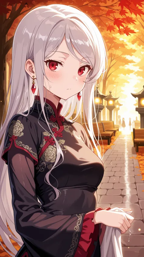 BREAK (masterpiece:1.2),Peaceful Japanese park during autumn after rainfall, vibrant red and golden maple leaves scattered across glistening stone paths, wet wooden benches under glowing foliage, stone lanterns reflecting in puddles, warm light shining thr...