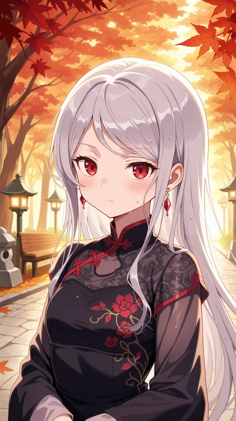 BREAK (masterpiece:1.2),Peaceful Japanese park during autumn after rainfall, vibrant red and golden maple leaves scattered across glistening stone paths, wet wooden benches under glowing foliage, stone lanterns reflecting in puddles, warm light shining thr...