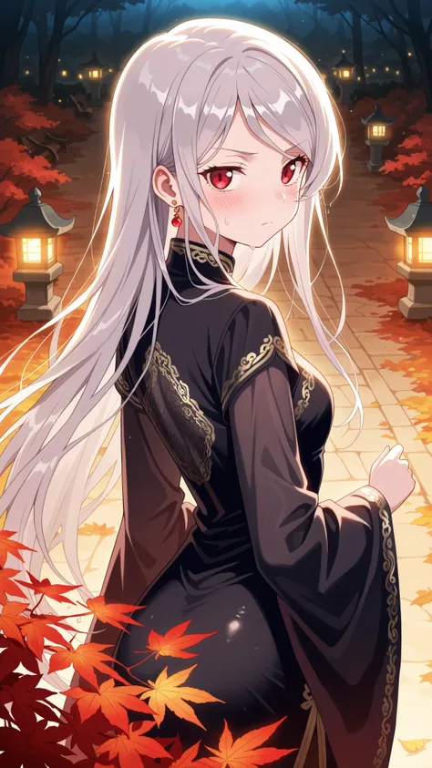 BREAK (masterpiece:1.2),Peaceful Japanese park during autumn after rainfall, vibrant red and golden maple leaves scattered across glistening stone paths, wet wooden benches under glowing foliage, stone lanterns reflecting in puddles, warm light shining thr...