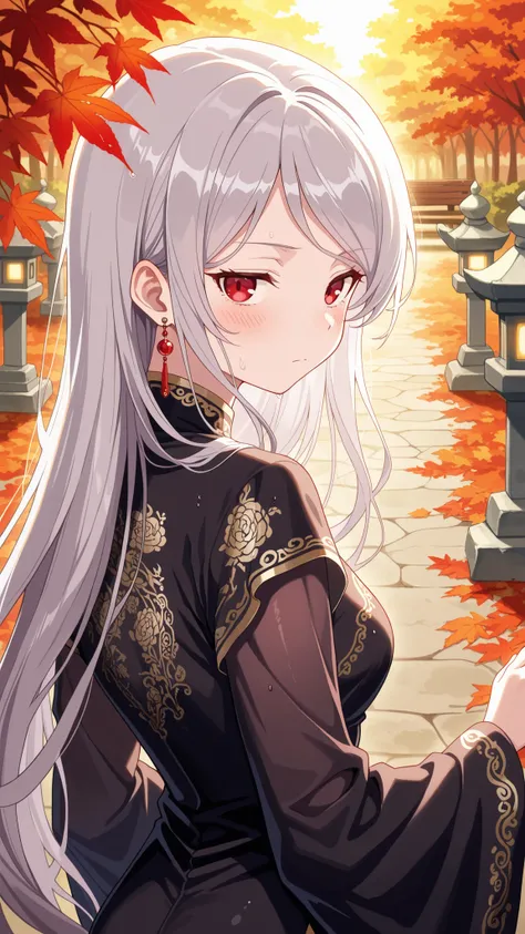 BREAK (masterpiece:1.2),Peaceful Japanese park during autumn after rainfall, vibrant red and golden maple leaves scattered across glistening stone paths, wet wooden benches under glowing foliage, stone lanterns reflecting in puddles, warm light shining thr...