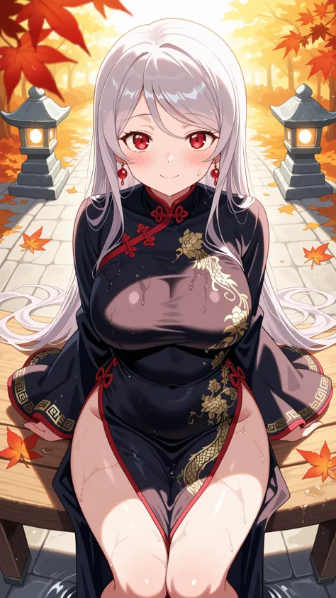 BREAK (masterpiece:1.2),Peaceful Japanese park during autumn after rainfall, vibrant red and golden maple leaves scattered across glistening stone paths, wet wooden benches under glowing foliage, stone lanterns reflecting in puddles, warm light shining thr...