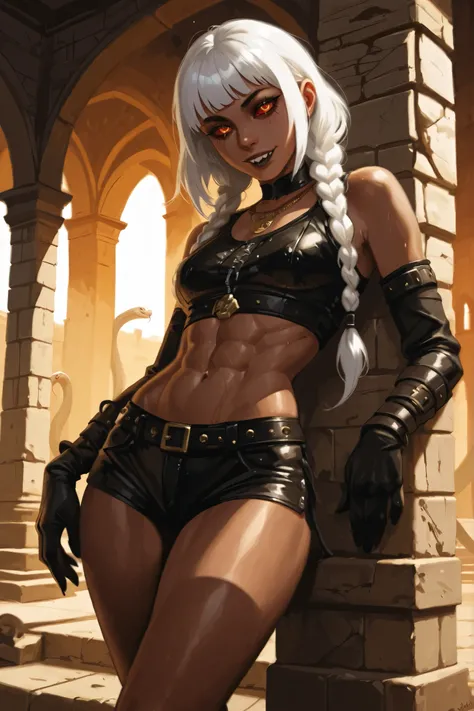 Drawn like the artist Bob Kehl. Goth girl. Albino skin. White skin. Rebecca from Cyberpunk Edgerunners with white and dark hair, deep red-coloured eyes, slanted Asian eyes, black eyeliner, with sharp teeth, athletic body and abs. Slender and athletic. Cute...