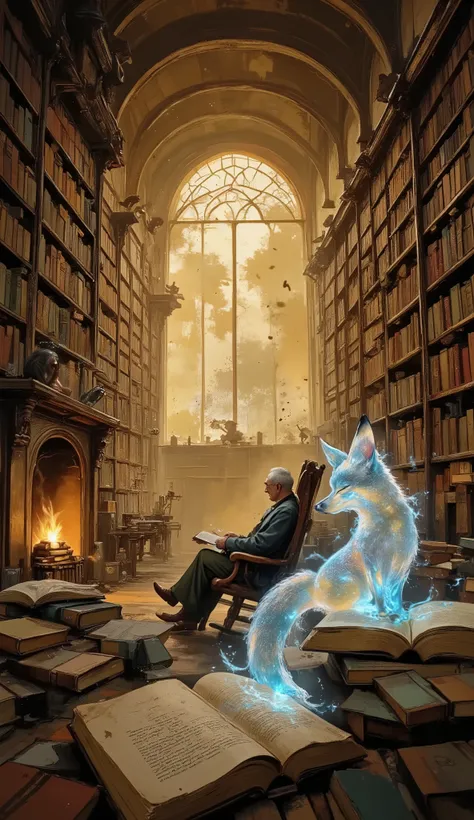 Digital illustration in a soft, watercolor style. A small, cozy library with vaulted ceilings and wooden shelves reaching all the way to the top. The shelves are full of antique books. In the center is a large window through which warm sunlight pours, illu...