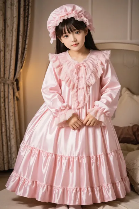 high quality,Super Detailed,3k photos,get used to it,girl in pink nightgown,long sleeve,long skirt,pink ruffle round hat,full body, (( 10 year old Japanese girl,Short Height,solo)),super fine young face,,lovely smile,baby-like face,is short,,(((straight lo...