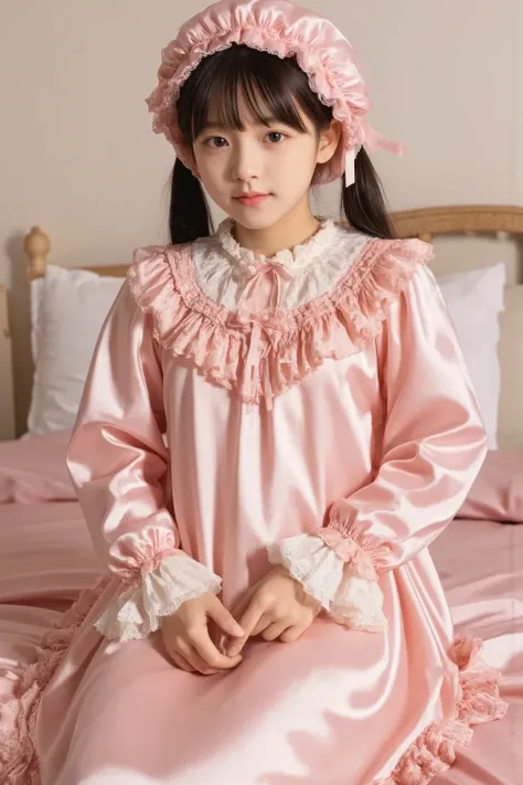 high quality,Super Detailed,3k photos,get used to it,girl in pink nightgown,long sleeve,long skirt,pink ruffle round hat,full body, (( 10 year old Japanese girl,Short Height,solo)),super fine young face,,lovely smile,baby-like face,is short,,(((straight lo...