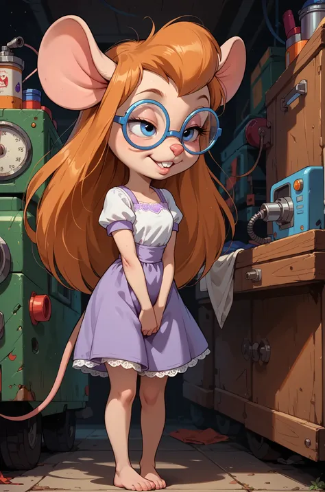 check_9, check_8_up, check_7_up, gadget , girl with a mouse, round mouse ears,  mouse tail, mouse legs, long hair, orange hair, half-closed eyes, blue eyes, hare teeth, headglasses, Purple underwear with white lace, Small Boobs, neckline, squeeze chest tog...