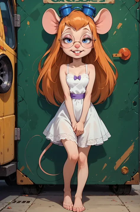 check_9, check_8_up, check_7_up, gadget , girl with a mouse, round mouse ears,  mouse tail, mouse legs, long hair, orange hair, half-closed eyes, blue eyes, hare teeth, headglasses, Purple underwear with white lace, Small Boobs, neckline, squeeze chest tog...