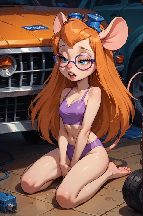 check_9, check_8_up, check_7_up, gadget , girl with mouse sitting on the floor, round mouse ears,  mouse tail, mouse legs widely spaced, long hair, orange hair, half-closed eyes, blue eyes, hare teeth, headglasses, purple bikini, Small Boobs, neckline, squ...