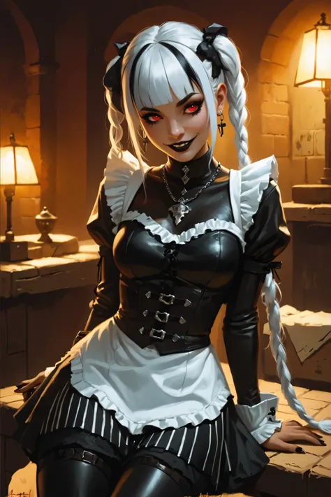 Drawn like the artist Bob Kehl. Goth girl. Albino skin. White skin. Rebecca from Cyberpunk Edgerunners with white and dark hair, deep red-coloured eyes, slanted Asian eyes, black eyeliner, with sharp teeth, athletic body and abs. Slender and athletic. Cute...