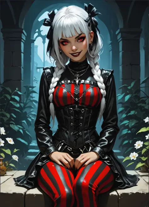 Drawn like the artist Bob Kehl. Goth girl. Albino skin. White skin. Rebecca from Cyberpunk Edgerunners with white and dark hair, deep red-coloured eyes, slanted Asian eyes, black eyeliner, with sharp teeth, athletic body and abs. Slender and athletic. Cute...