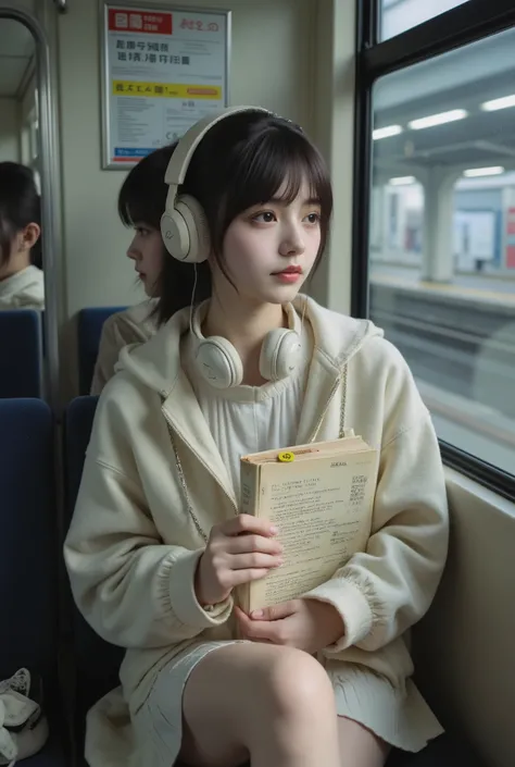 (((best quality))),(((ultra detailed))),(((masterpiece))),realistic,A girl, 20 years old, with short black tea hair and upturned tails, messy bangs sticking to her forehead, blackheads wearing headphones wrapped around her neck to hide her clothes and hat,...