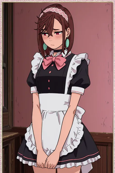 masterpiece,high quality,1girl,solo, asymmetrical bangs, hair between eyes, medium hair, brown hair, red eyes, earrings, black choker, anime screencap, anime screenshot, anime coloring, maid outfit, short frilly skirt with white apron, puff sleeves, dark n...