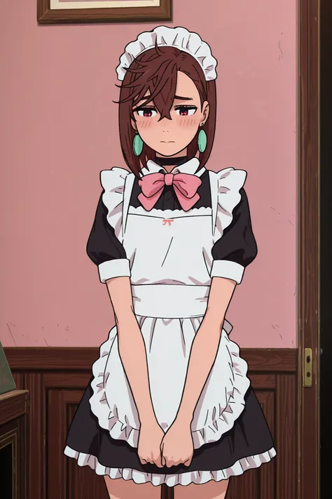 masterpiece,high quality,1girl,solo, asymmetrical bangs, hair between eyes, medium hair, brown hair, red eyes, earrings, black choker, anime screencap, anime screenshot, anime coloring, maid outfit, short frilly skirt with white apron, puff sleeves, dark n...