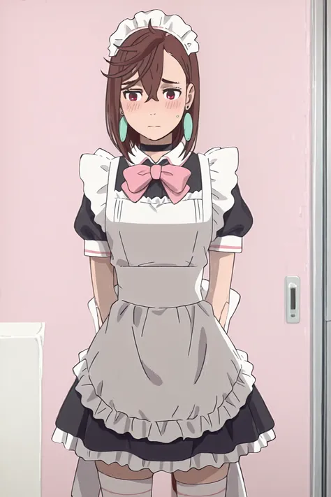 masterpiece,high quality,1girl,solo, asymmetrical bangs, hair between eyes, medium hair, brown hair, red eyes, earrings, black choker, anime screencap, anime screenshot, anime coloring, maid outfit, short frilly skirt with white apron, puff sleeves, dark n...