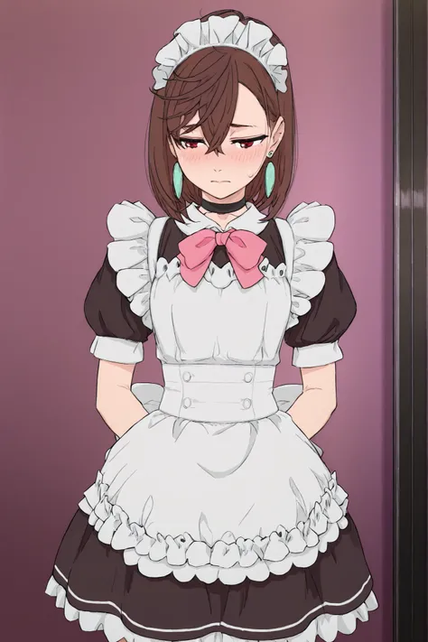 masterpiece,high quality,1girl,solo, asymmetrical bangs, hair between eyes, medium hair, brown hair, red eyes, earrings, black choker, anime screencap, anime screenshot, anime coloring, maid outfit, short frilly skirt with white apron, puff sleeves, dark n...